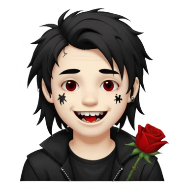 Laughing pale Goth boy with a bunch of face piercings, with shaggy dark brown hair, and messy black eyeliner , smudged, red, lipstick , with a tan gamer boy with long black hair  sticker
