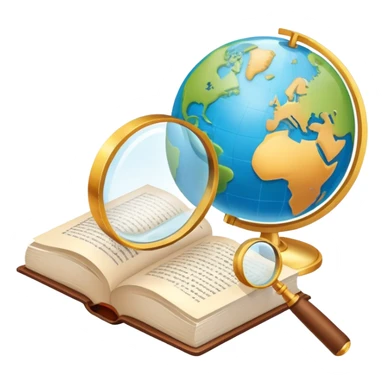 An icon featuring an open book, a speech bubble, and a magnifying glass, symbolizing philology and linguistics. The design includes language symbols, a globe, and alphabet letters, representing the study of languages and their structures. Transparent background  sticker
