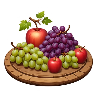 medieval fruit platter object icon, grapes and apples and pears, rustic plate, 3D cartoon, mobile game icon style, clean background, no text, no watermark
 sticker