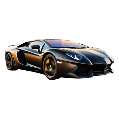 Lamborghini Aventador driving down the street, headlights blazing. The sky glows in warm sunset hues, reflecting off the sleek car. Motion blur emphasizes speed, with palm trees and city lights in the background. Transparent background. sticker