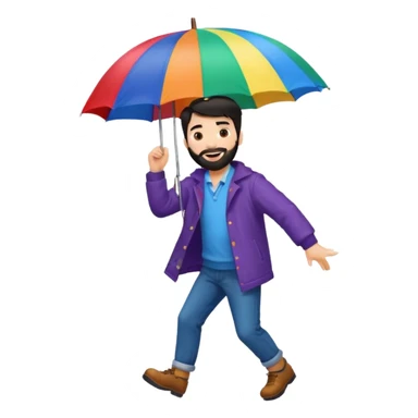 A dark-haired boy with a white beard dancing with an umbrella in the rain sticker