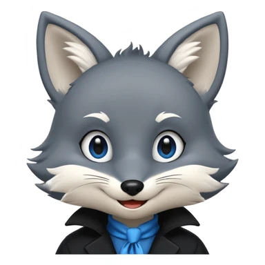 Grey anthropomorphic furry fox with a black coat, blue eyes, and a small fringe of black hair, smiling sticker