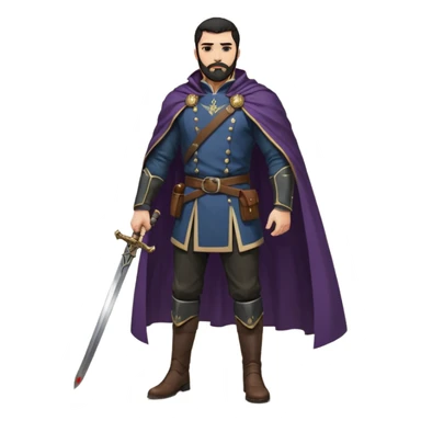 
Hombre de unos 30-40 años, alto, fuerte..
Rostro anguloso, barba bien recortada, cejas marcadas, mirada dura y orgullosa.
Castaño oscuro o negro, peinado hacia atrás.
Ropa de noble — chaqueta ajustada, capa corta, botas altas y espada al cinto. Colores oscuros (rojo vino, negro, granate) sticker