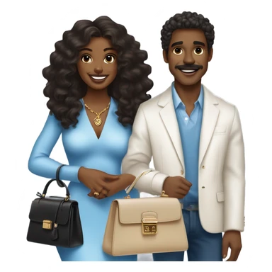 Brown Black woman in her mid-20s with blowout curls, wearing a white dress, holding a blue mini Hermes Kelly BAG, and a 7-carat ring. A White  man with blue eyes, dark grey hair, mustache, and an expensive watch, smiling at her.” sticker