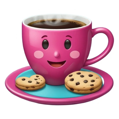 cup of coffee, steaming, the smoke should come out in the shape of a heart, the color of the cup is fuchsia, the cup has a happy face printed on it, the cup rests on a turquoise blue plate, and there are cookies and sugar cubes around the cup. sticker