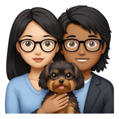 A couple holding a small Yorkshire Terrier together. The girl is Asian with long, luscious wavy black hair (loose, no hair tie). She is next to her boyfriend, a brown-skinned man wearing glasses with a korean haircut sticker
