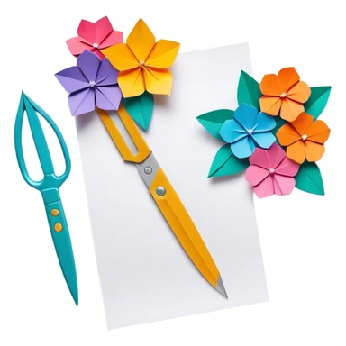 Paper crafting icon, colorful paper sheets, origami figures, 3D paper flowers, scissors and craft knife, minimalistic style, clean lines, transparent background. sticker