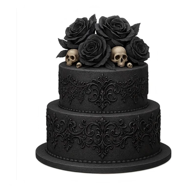 Gothic cake decorated with black lace, dark roses, tiny skulls, and ornate gothic filigree, no background, in a general style. sticker