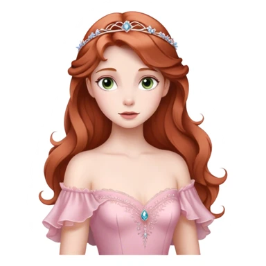 Cinematic Elegant Sleeping Beauty Portrait Emoji, rendered in a realistic, vector-style with minimal shading and bold, simplified shapes. Depict Aurora (Sleeping Beauty) (chest and above) with delicate porcelain skin, soft auburn hair styled gracefully, and gentle, dreamy eyes, dressed in her classic pink gown. The image glows with a soft, enchanting radiance and high shine, capturing timeless regal beauty. sticker