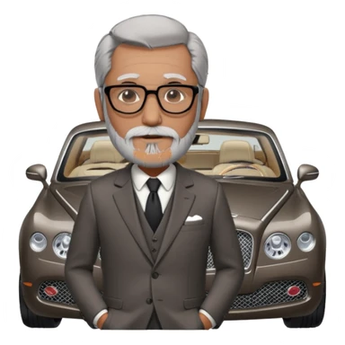 Professor Bentley Dyed black gray hair  frencb beard graying indian guy in suit with a bentley car. Older look around 60 yrs  with glasses slight balding sticker