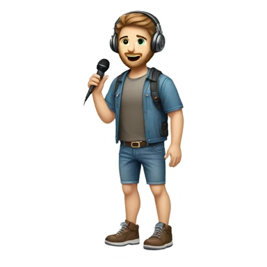 full body caucasian IT technology guy wearing jean shorts with headset and microphone and brown hair sticker