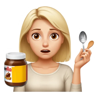 Nutella with a spoon. The glas of Nutella is almost empty . Only the one carriage of Nutella. Next to the Nutella is the head of a blond woman who is desperate to eat the Nutella  sticker