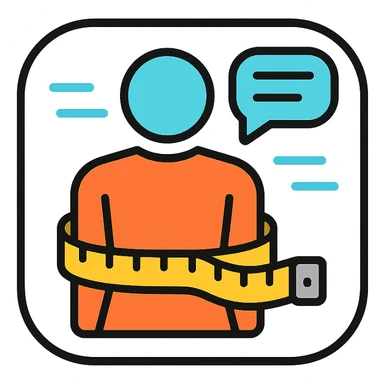 iOS app icon featuring a tape measure wrapped around a simplified body shape, with digital scan lines, representing scanning and personalized weight loss tips sticker