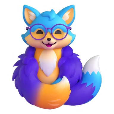 A magical fox with shimmering purple and blue fur, a glowing tail, a silver star on its forehead, and round glasses, laughing so hard that tears are streaming from its eyes sticker