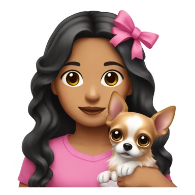 Hispanic girl with long black wavy hair wearing a pink shirt holding a chihuahua wearing a pink bow sticker