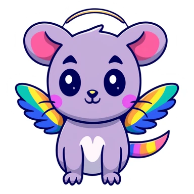 colorful possum with rainbow wings, sparkly halo, lots of glitter sticker