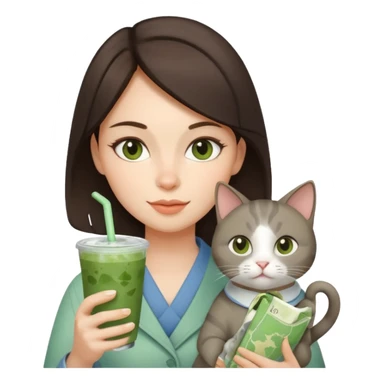 a brunette woman in here 30S drinking an iced matcha, carrying a grey cat and a map of the world sticker