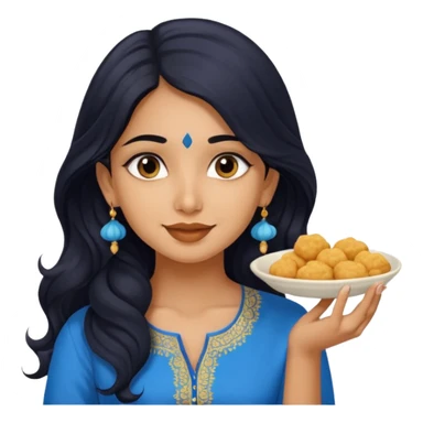 a pretty tan indian bratz girl with wavy long BLACK hair. eyeliner on, wearing a blue kurti, eating golgappa. NO SPOON sticker