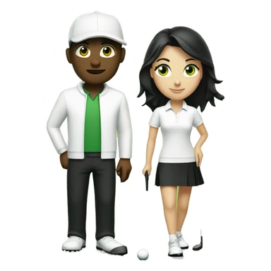 Blond men green eye wearing white golf outfit and black hair brown eye woman wearing black golf outfit playing golf. sticker
