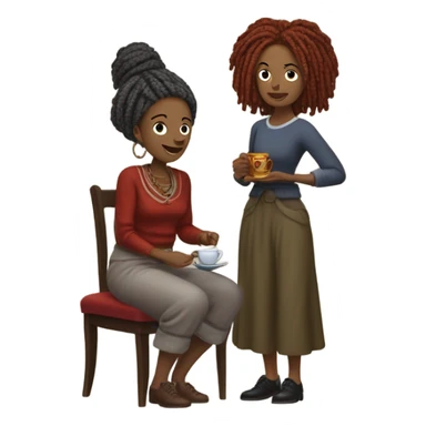 woman with gray locs, wearing pants , other woman is brown with red locs, in a knee-length dress with a cozy sweater, looking at antique items, such as a vintage lamp or an old teacup, with a table full of trinkets in the background sticker