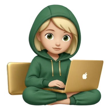 3D clay render character sitting with laptop, rounded cute design, deep green (#0B3D2C) hoodie, cream laptop, gold accents, Pixar style, transparent background sticker