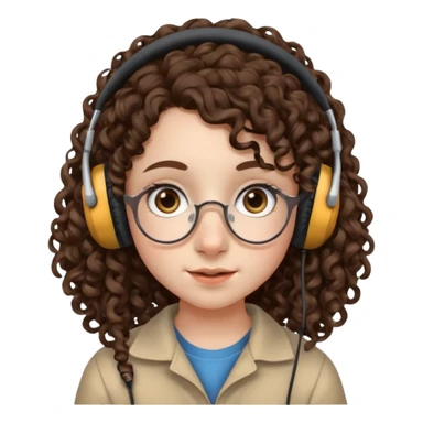 brunette kid with unique face features and very curly long hair kid girl neutral and very big nose and ears and dark eyes with freckles kind of nerd looking and headphone wearing no glassess just nose piercing very big one sticker