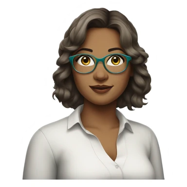 young curvy woman with shoulder length brown hair, sideswept bangs, grey-green eyes, singer, blue glasses sticker