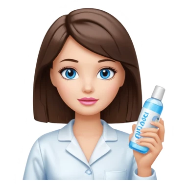 Barbie girl with makeup, blue eyes , and bob long haircut, short brown hair in white pajamas, face gel in hand sticker