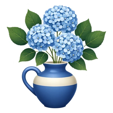Blue and white floral vase with one handle, with white hydrangeas stem and blue hydrangeas stems sticker