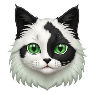 black and white long hair cat. green eyes. black nose. black splotch in the shape of a star near nose (on the right side). white chest. sticker