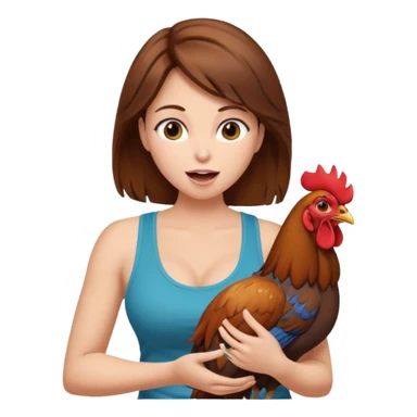 Brown hair very large boob Woman open mouth tank top holding one rooster sticker