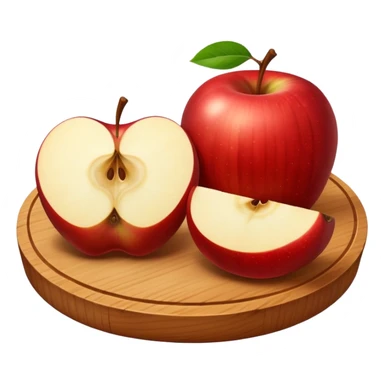 A round wooden board with a whole apple and several slices on it, with a soft glow sticker