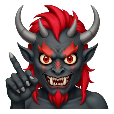 демон с чёрной как уголь кожей, красными клыками, двумя красными рогами торчащими у него изо лба, красной гривой и глазами показывает пальцем в нас sticker