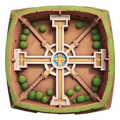 top-down cross view of the Church of Saint George in Lalibela, Ethiopia, iOS emoji style, emphasize cross-shaped roof, stone texture, simple colorful clear features sticker