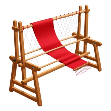 rigid heddle weaving loom set up for weaving a bright red scarf, with red yarn on a stick shuttle laying across the warp threads sticker