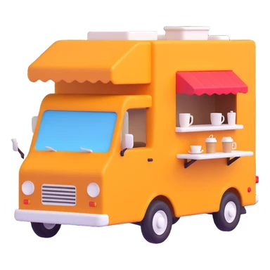 Turn this orange coffee truck into a simplified, cute 3D emoji style with soft lighting and no background. sticker