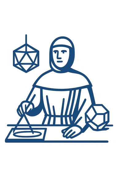 Redesign the image as a flat startup logo inspired by the painting of Luca Pacioli. Focus on geometric shapes and mathematical tools with a minimalist, modern look. Use a blue color palette and keep the design simple and iconic, emphasizing clean lines and flat colors. sticker