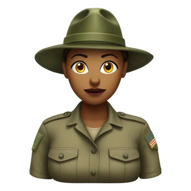 a female drill sergeant character wearing a classic sergeant hat and a camouflage army shirt. The character should have an angry intense expression. full torso sticker