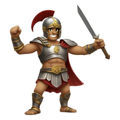 A triumphant gladiator, wearing a helmet and wielding a sword, making a "V" sign with his fingers to symbolize victory and success. sticker