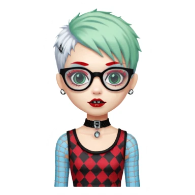 White hair, Ghoulia yelps monster high doll in scene/emo style cherry print dress with fishnet sleeves, clothes, thin, small, red, rectangle glasses, pale white-blue skin, pale-green shaggy pixie-cut , zombie scars , boy, punk choker sticker