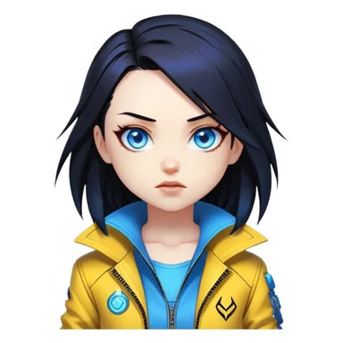 Long Black hair cyberpunk 2077 chibi girl with blazing blue eyes and yellow jacket from the animation show cyberpunk edge runners. All emotion reactions sticker