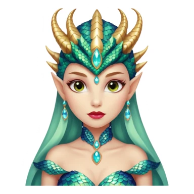 A gorgeous dragon woman with glittering jeweled scales covering her body and face. She has large almond shaped eyes, lush lips, and she wears a stunning luminescent gown. sticker
