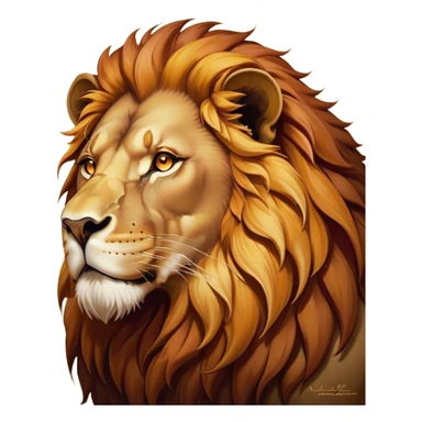 Cinematic Noble Lion Portrait Emoji, Poised and regal, with a powerful, muscular build and a majestic, tawny mane, deep-set soulful amber eyes, Simplified yet sharp and sophisticated features, highly detailed, glowing with a warm, dignified glow, high shine, intelligent and fierce, stylized with an air of wild majesty, focused and attentive, soft glowing outline, capturing the essence of a watchful and confident king, so majestic it feels as though it could roar out of the screen with effortless authority! sticker