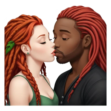 Mulher ruiva, pele branca, beijando um homem negro, com dreads nos cabelos sticker