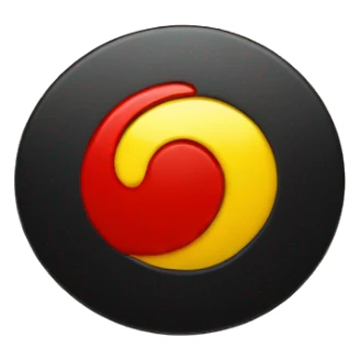 A wavy red and black rectangle with a smaller yellow circle in the centre  sticker
