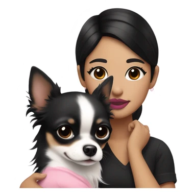 Thick medium black hair with black eyes and pink lip and pink cheek Filipino lady hugging black and white Chihuahua  sticker