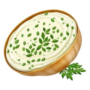 realistic garlic and herb cream cheese thick dollop or swirl white green herb flecks garlic bits smooth glossy visible flecks optional ramekin no bread vegetables garnish or faces clean 3D soft lighting transparent background emoji scale sticker