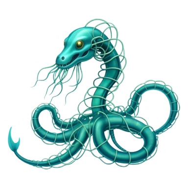 A phosphorescent deep-sea serpent made of electric wires and cables with rubber scales that reveal its electric skeleton, possessing both jellyfish-like tendrils and the ability to generate electrical pulses that illuminate the ocean depths. sticker