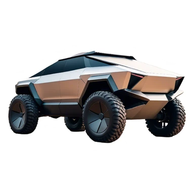 Tesla Cybertruck - A futuristic Tesla Cybertruck, angular and geometric with a sharp, triangular body shape. Stainless steel exoskeleton with a raw, unpainted, brushed-metal finish. A sleek, narrow LED light bar stretches across the entire front. Large, rugged off-road tires with exposed wheel arches. Smooth, handle-free doors and a slanted, armored rear with a retractable tonneau cover. Rear LED strip mirroring the front. The vehicle looks like a sci-fi-inspired, bulletproof stealth tank on wheels, set in a high-tech urban environment at sunset, with reflections on its metallic surface. sticker