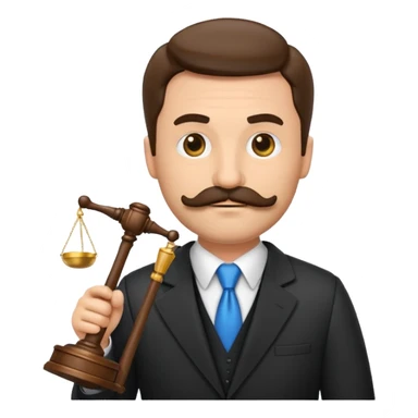 “Create a clean, modern emoji-style illustration of a male lawyer. He is wearing a formal suit jacket. He is holding a judge’s gavel in one hand and has a law book tucked under his arm. He has a mustache and a short beard, and sticker